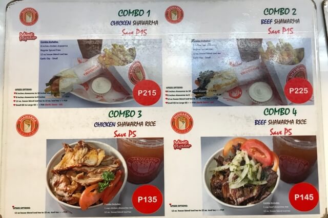 Shawarmaのセットメニュー表